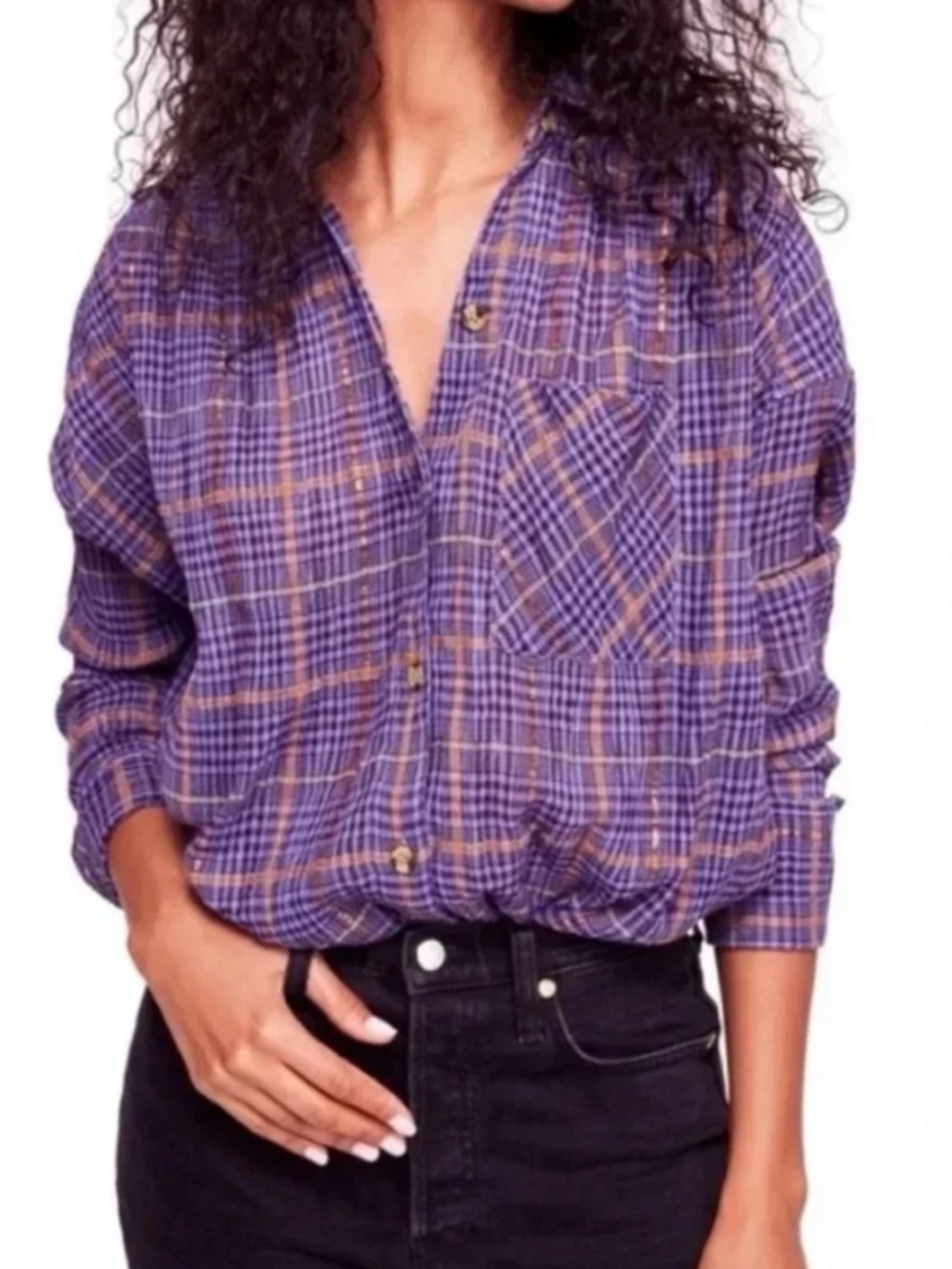 Free People “Break My Stride” Metallic Plaid Tunic/Button-Up.
